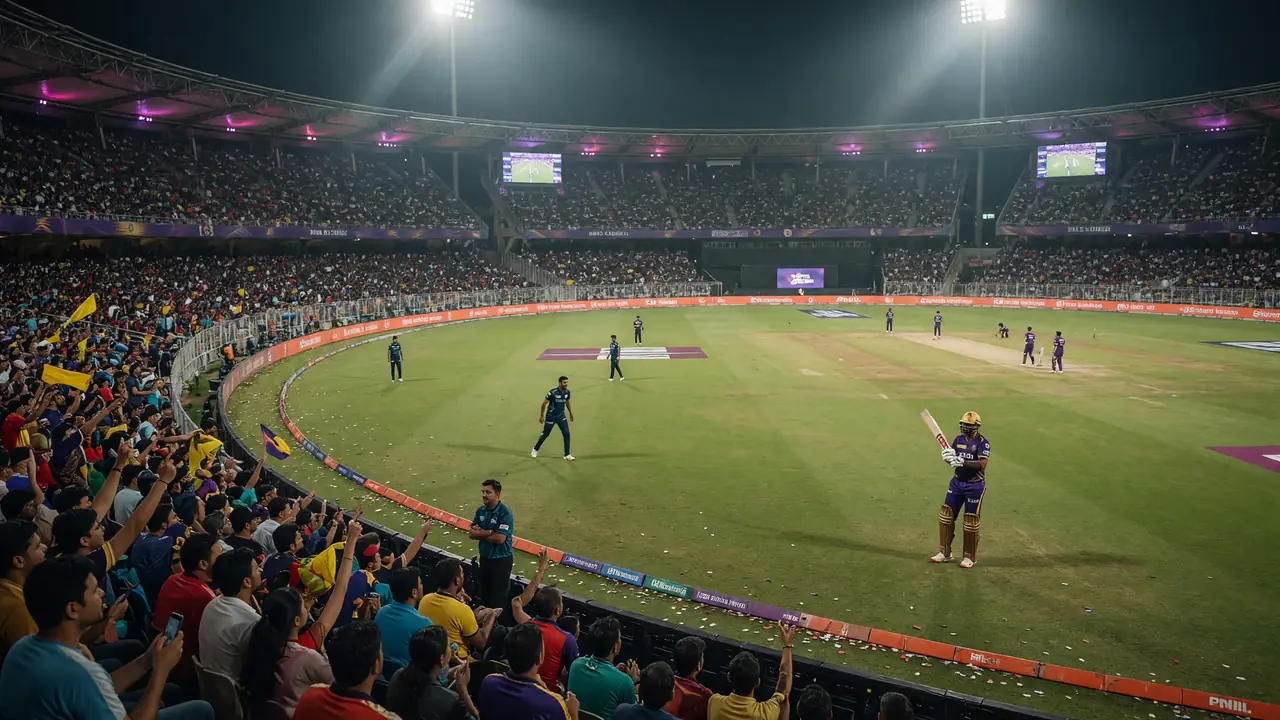 Wide evening view of a packed Ahmedabad cricket stadium with the field lit for a night match