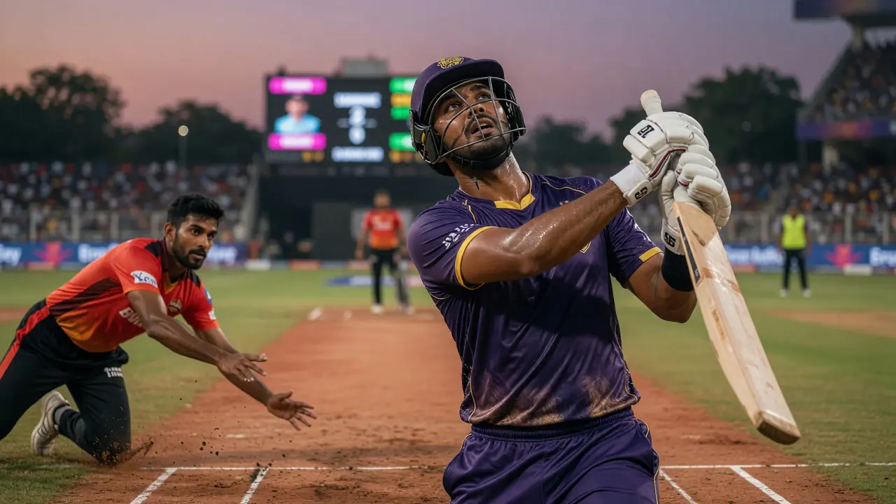 Close sideline action of a batter driving through the off side under stadium floodlights