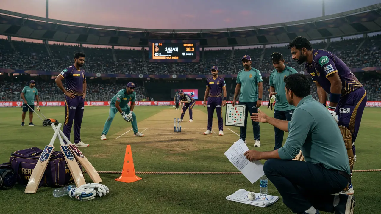 Medium shot of fielders set in a ring on a dry evening pitch with the bowler at the top of the mark